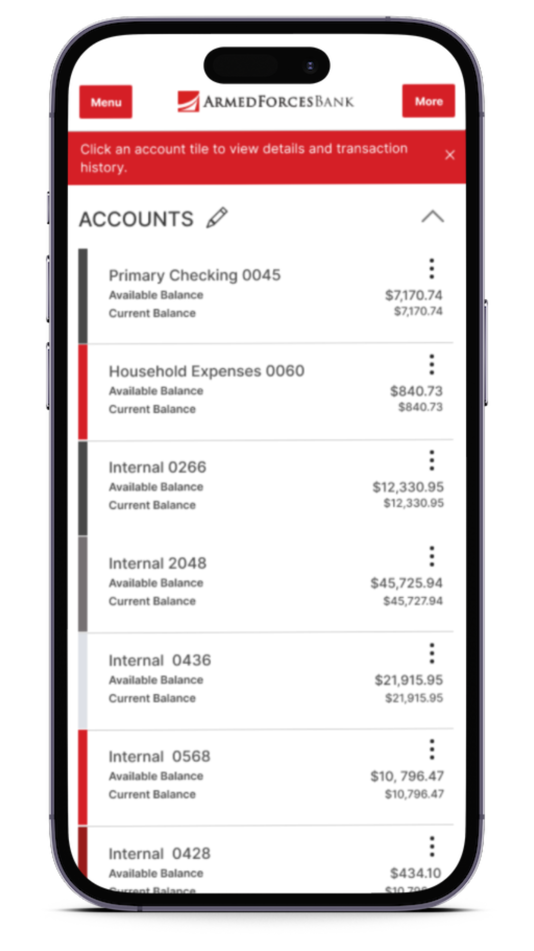 Personal Mobile App screenshot of account listing