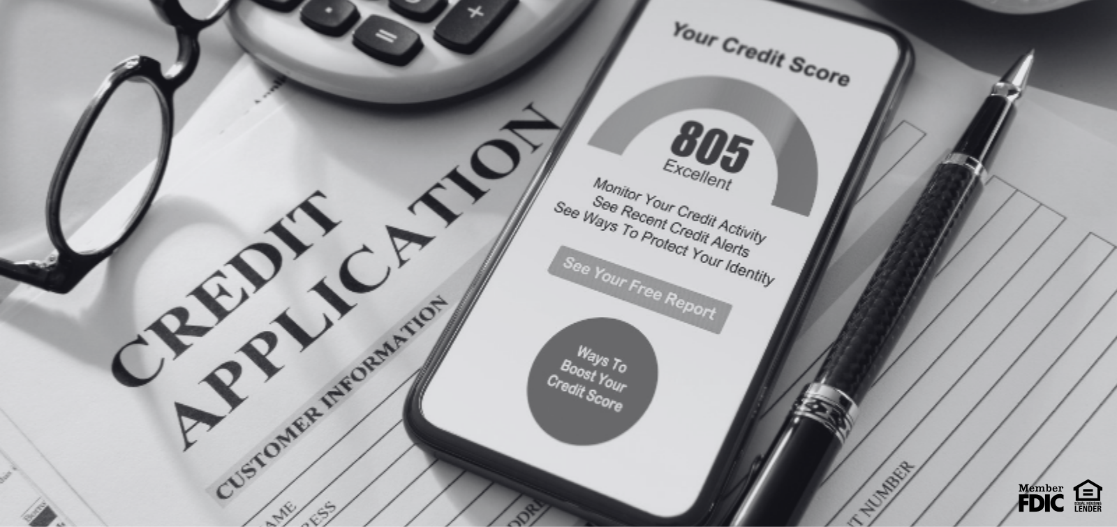 A photo showing an incredibly high credit score and credit application.